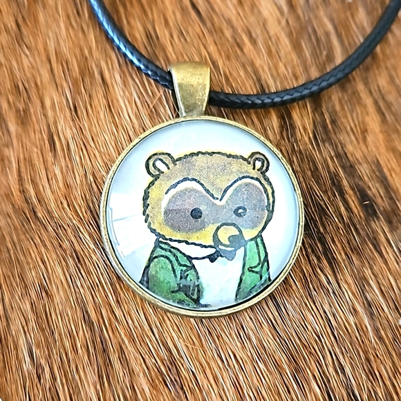 1970s Richard Scarry raccoon in suit book page necklace ooak original page brass - Picture 1 of 5